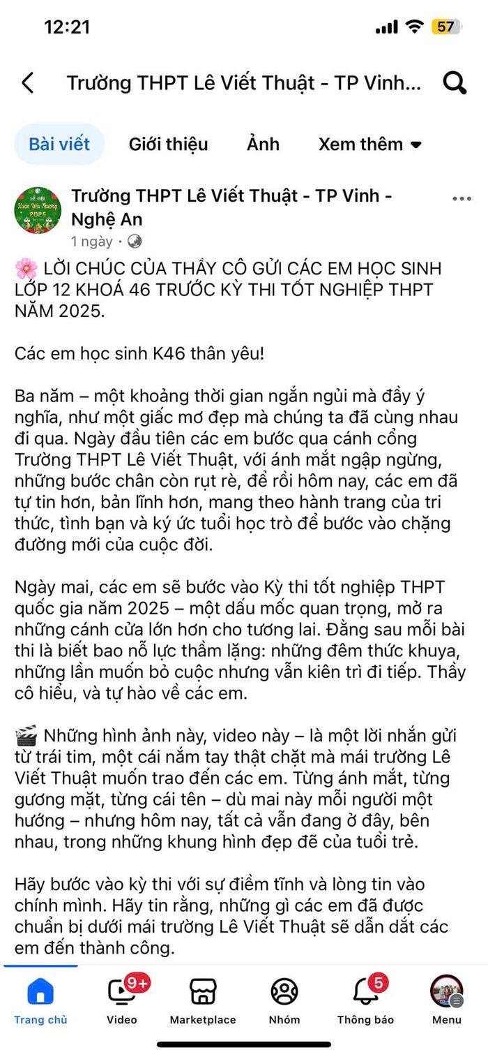 Lời chúc yêu thương của thầy cô Trường THPT Lê Viết Thuật tới học sinh lớp 12. Ảnh chụp màn hình