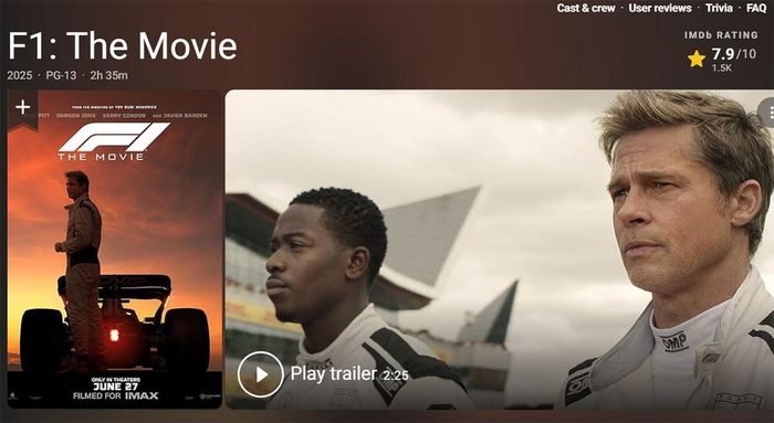 Điểm IMDb của F1: The Movie là 7.9/10