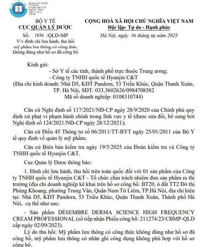  Công văn số 1836/QLD-MP, ngày 30/6 của Cục quản lý Dược về đình chỉ lưu hành, thu hồi mỹ phẩm Désembre Derma Science High Frequency Cream Professional. 