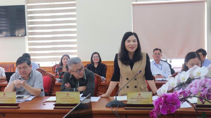 Đồng chí Phạm Thị Tường Vân, Trưởng Ban Kinh tế - Ngân sách HĐND tỉnh tham gia phát biểu tại phiên họp