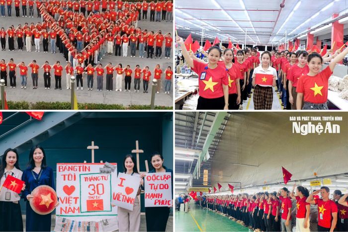 Công nhân, lao động Nghệ An với phong trào nhuộm đỏ nhà xưởng bằng cờ Tổ quốc do tổ chức Công đoàn phát động. Ảnh: CSCC