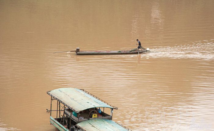 Người dân thả lưới bắt cá trên dòng sông Đà.