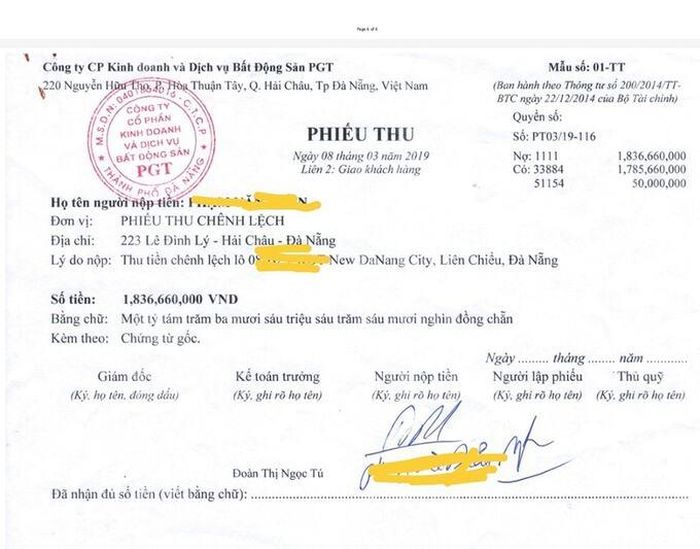  Phiếu thu tiền chênh lệch của một khách hàng mua đất dự án New Danang City 