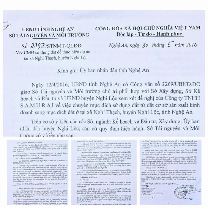 Văn bản số 2797/STNMT-QLÐÐ ngày 30/5/2016 của Sở Tài nguyên và Môi trường (cũ) về việc “Chuyển mục đích sử dụng đất để thực hiện dự án tại xã Nghi Thạch, huyện Nghi Lộc” gửi lên UBND tỉnh. Ảnh: Nhật Lân