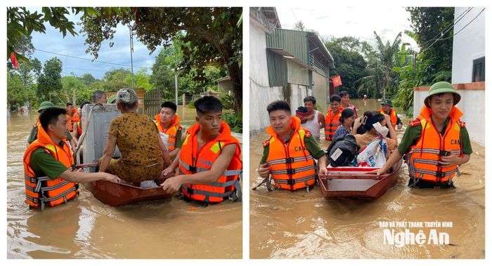 Phối hợp với Công an xã Anh Sơn, tỉnh Nghệ An dùng thuyền hỗ trợ các cụ già, phụ nữ, người ốm đau, tài sản đến nơi an toàn. Ảnh: Phạm Thủy