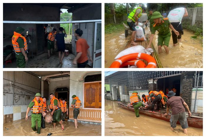 Phối hợp với Công an xã Thành Bình Thọ hỗ trợ người dân vận chuyển lúa, di dời tài sản đến nơi an toàn. Ảnh: Phạm Thủy