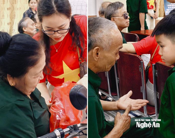 Các phụ huynh, học sinh nhóm "Trái đất Xanh" tặng quà cho các thương, bệnh binh để bày tỏ lòng biết ơn. Đối với các bác thương, bệnh binh, sự có mặt của các em học sinh mang đến niềm vui, niềm an ủi lớn lao về mặt tinh thần. Ảnh: Diệp Thanh