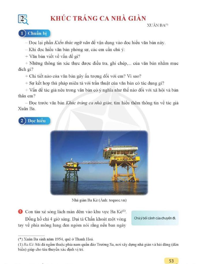Trích đoạn phóng sự “Khúc tráng ca nhà giàn” được in trong sách “Ngữ văn 12”, tập 1, bộ Cánh diều, từ trang 53 đến 59