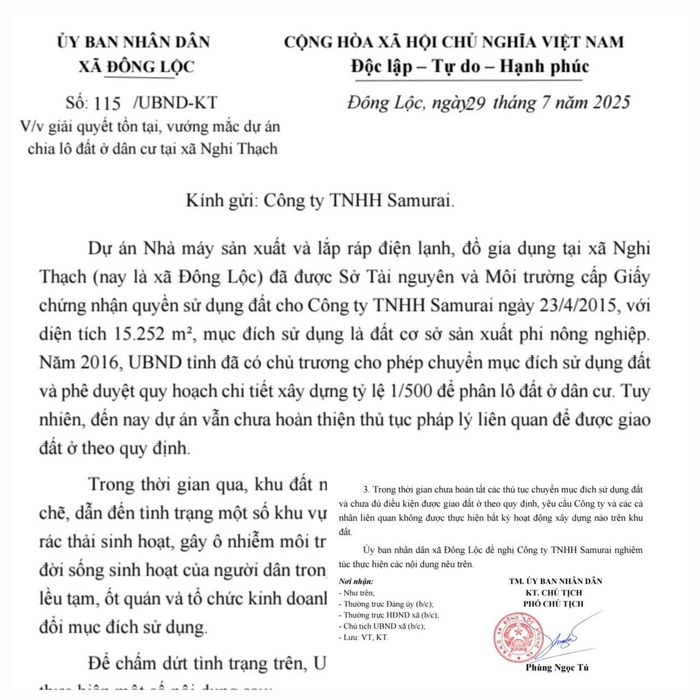 Trong thời gian qua, khu đất nêu trên không được Công ty quản lý chặt chẽ, dẫn đến tình trạng một số khu vực trở thành điểm tập kết rác thải xây dựng, rác thải sinh hoạt, gây ô nhiễm môi trường, làm mất mỹ quan và ảnh hưởng đến đời sống sinh hoạt của người dân trong khu vực; một số hộ dân đã tự ý xây dựng lều tạm, ốt quán và tổ chức kinh doanh trái phép trên phần đất chưa được chuyển đổi mục đích sử dụng”.