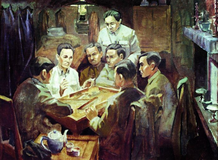 Đồng chí Nguyễn Ái Quốc chủ trì Hội nghị hợp nhất ba tổ chức Cộng sản ở Việt Nam thành một đảng duy nhất là Đảng Cộng sản Việt Nam tại Hương Cảng (Trung Quốc) từ ngày 6/1 đến ngày 7/2/1930. Ảnh chụp lại tranh vẽ của Phan Kế An.