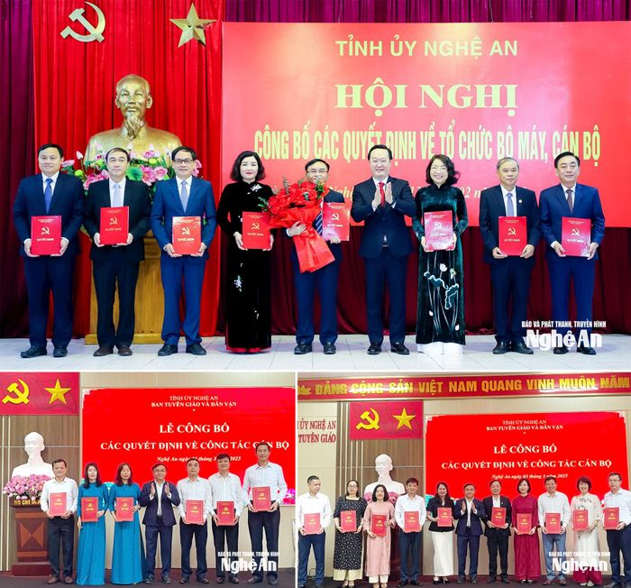 Bí thư Tỉnh ủy Nguyễn Đức Trung trao quyết định hợp nhất Ban Tuyên giáo Tỉnh ủy và Ban Dân vận Tỉnh ủy và tặng hoa chúc mừng các đồng chí Trưởng ban và Phó trưởng Ban Tuyên giáo và Dân vận Tỉnh ủy; Đồng chí Ngọc Kim Nam - Ủy viên Ban Thường vụ Tỉnh ủy, Trưởng ban Tuyên giáo và Dân vận Tỉnh ủy trao các quyết định bổ nhiệm Trưởng phòng và các quyết định bổ nhiệm Phó trưởng phòng. Ảnh: Phạm Bằng - Sỹ Thành