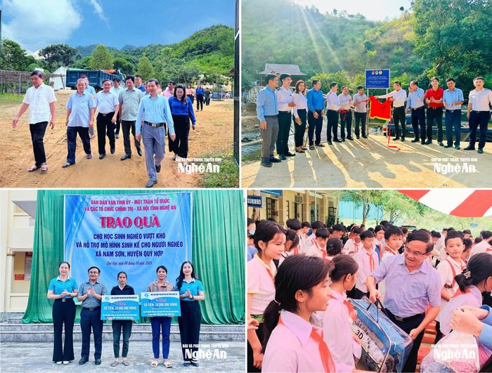 Thời gian qua, công tác Tuyên giáo và Dân vận Nghệ An hướng mạnh về cơ sở, nâng cao năng lực nắm bắt tình hình tư tưởng, dư luận xã hội, đời sống nhân dân; làm tốt công tác tham mưu và phối hợp giải quyết các vấn đề nảy sinh từ thực tiễn. Trong ảnh: Đồng chí Ngọc Kim Nam và lãnh đạo Ban thăm, làm việc tại xã Thông Thụ; Đồng chí Ngọc Kim Nam dự Lễ khánh thành công trình cầu dân sinh “Cùng em vượt lũ tới trường tại bản Na Nhu, xã biên giới Tà Cạ, huyện Kỳ Sơn (cũ), nay thuộc xã Mường Xén; Trao mô hình sinh kế cho phụ nữ nghèo tại xã Nam Sơn, huyện Quỳ Hợp (cũ), nay là xã Mường Chọng; Đồng chí Ngọc Kim Nam trao quà "Mùa Đông ấm" tại xã Thông Thụ. Ảnh: Ngân Hạnh - Cao Hoàng Hải - Thanh Hợp