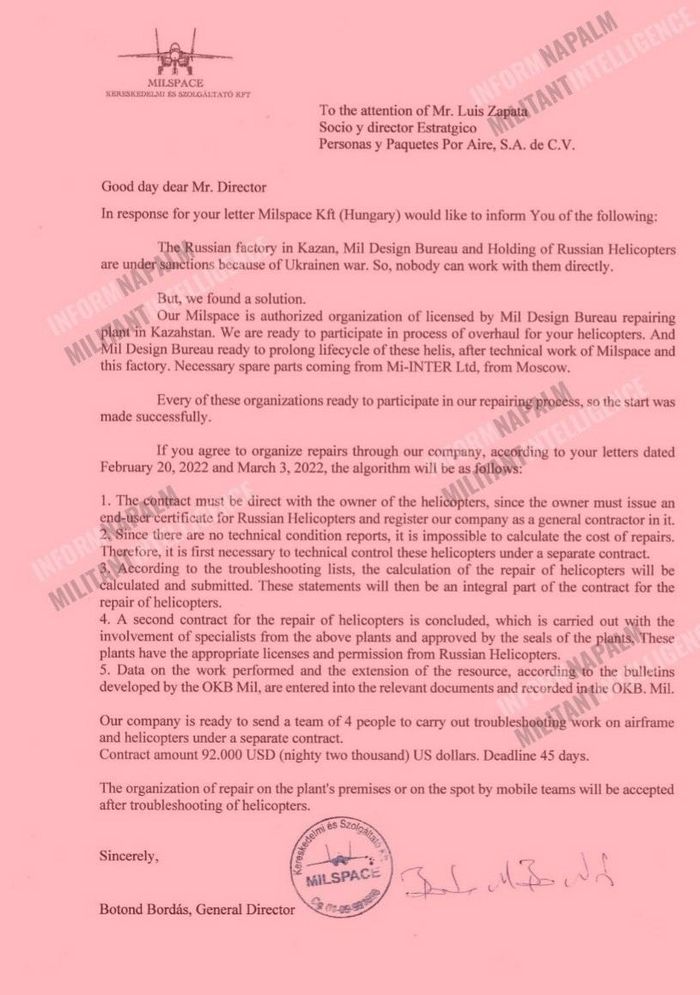 Một lá thư từ Công ty Milspace Kft của Hungary gửi tới đối tác Personas y Paquetes Por Aire, SA de CV tại Mexico đã cho thây rõ kế hoạch nhằm vượt qua lệnh trừng phạt mà phương Tây áp đặt lên tổ hợp công nghiệp quốc phòng Nga.