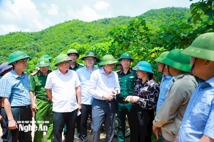 Chủ tịch UBND tỉnh Nghệ An Lê Hồng Vinh trao đổi với lãnh đạo xã Mường Típ và các lực lượng chức năng về công tác khắc phục thiệt hại do mưa lũ. Ảnh tư liệu: Thành Duy