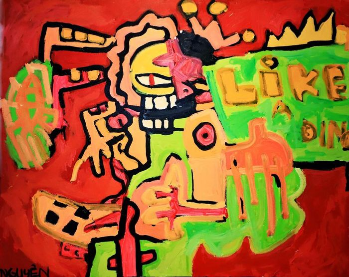 Tác phẩm “Thời tiền sử” (acrylic, 120x150 cm, 2022) của Phạm Hải Nguyên