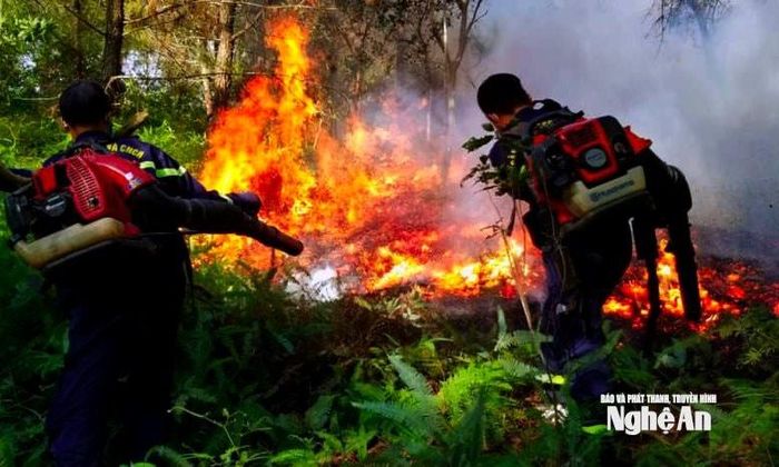Vào ngày 26/6/2021 xảy ra cháy rừng tại xã Xuân Tường, huyện Thanh Chương cũ, các chiến sĩ đã dùng máy thổi để ngăn chặn lửa cháy lan. Ảnh: CSCC