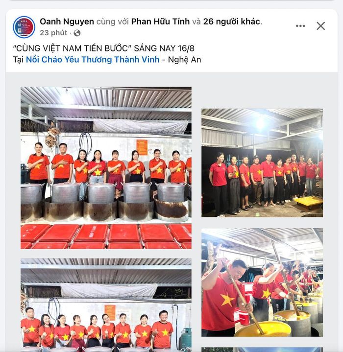 Sáng 16/8, nhóm thiện nguyện "Nồi cháo yêu thương Thành Vinh" phát cháo cho bệnh nhân trong trang phục áo cờ Tổ quốc. Ảnh chụp màn hình.