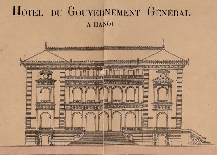 Mặt trước Phủ Toàn quyền Đông Dương, bản vẽ của kiến trúc sư Lichtenfelder, 1900. Ảnh: Trung tâm Lưu trữ Quốc gia I
