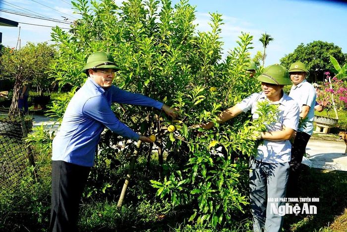 Lãnh đạo Đảng ủy xã Tân Kỳ tham quan mô hình làm ăn giỏi tại địa phương. Ảnh: Phương Thảo
