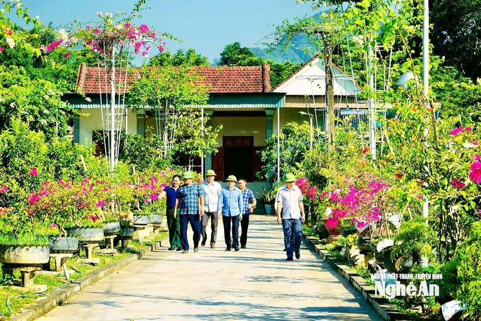 Lãnh đạo Đảng ủy xã Tân Kỳ tham quan vườn mẫu trên địa bàn. Ảnh: Phương Thảo