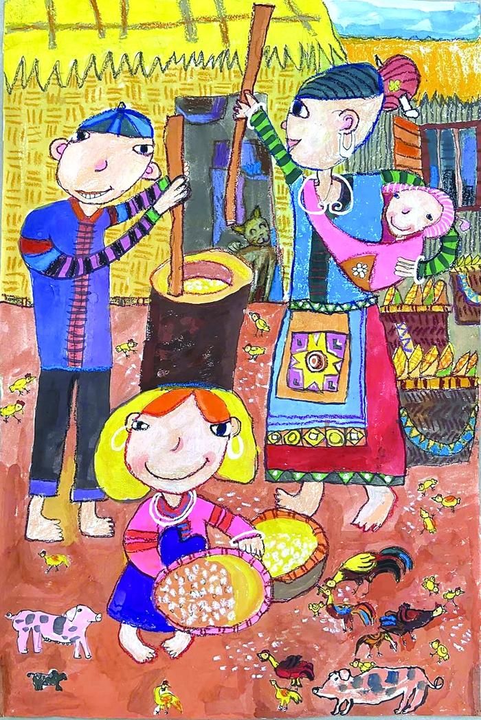 Bức tranh “Giã gạo cùng bố mẹ” của Vi Min Chơn