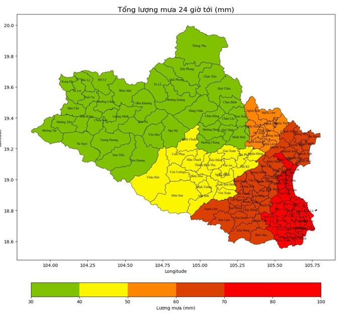 Lượng mưa tỉnh Nghệ An trong 24 giờ tới.