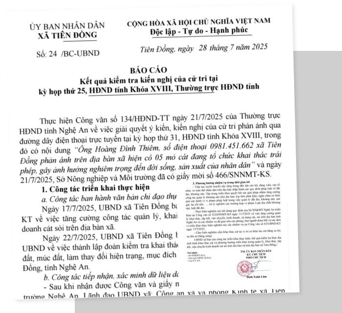 Báo cáo số 24/BC-UBND ngày 28/7/2025 của UBND xã Tiên Đồng gửi Sở Nông nghiệp và Môi trường. Ảnh: Nhật Lân