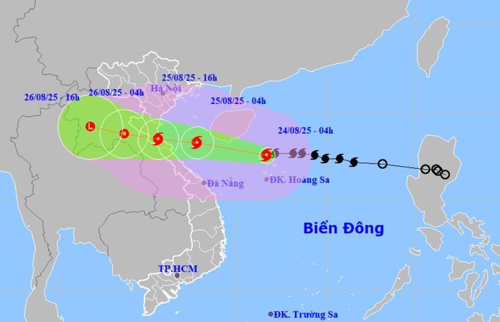 Dự báo vị trí và hướng di chuyển bão số 5 lúc 4h sáng 24/8. Ảnh: NCHMF