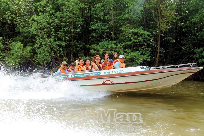 Du khách trải nghiệm khám phá du lịch Ðất Mũi bằng ca nô.