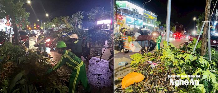 Trong đêm 26/8, các công nhân vẫn làm việc liên tục để các tuyến đường sạch, đẹp trở lại. Ảnh: Quang An