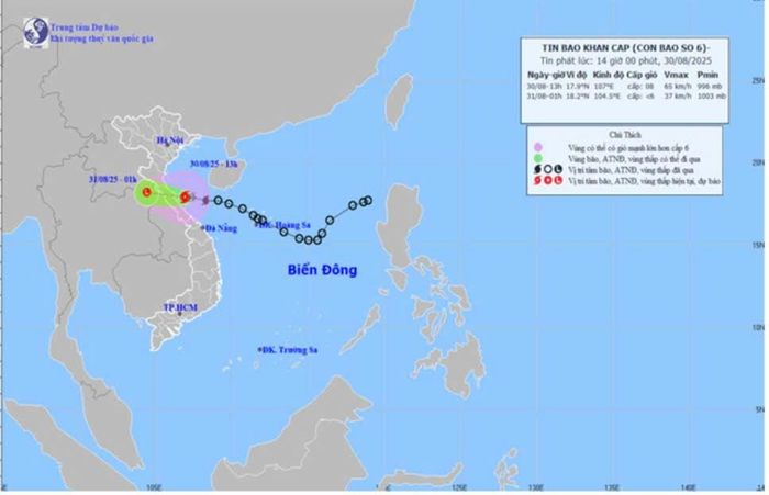 Bản đồ dự báo quỹ đạo và cường độ bão lúc 14h ngày 30/8/2025. Ảnh: Khí tượng Thủy văn Nghệ An