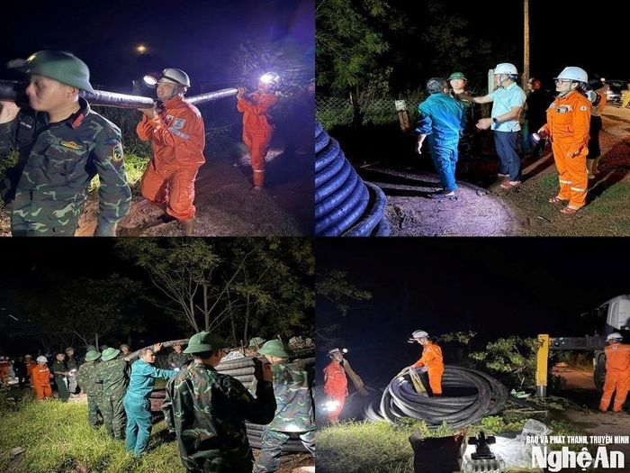 Công ty Điện lực Nghệ An và đơn vị bạn ngày đêm bám hiện trường, khắc phục sự cố, đảm bảo cấp điện trở lại sớm nhất. Ảnh: Phan Thủy