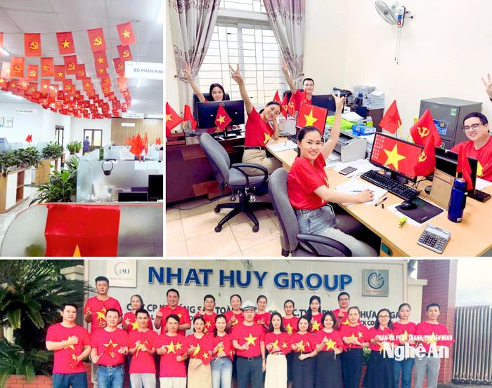 Công nhân Công ty CP Tập đoàn An Hưng (xã Công Thành) khoác trên mình chiếc áo thun in hình cờ đỏ sao vàng, vừa giản dị, vừa thiêng liêng, như một cách thể hiện tình yêu nước và niềm tự hào dân tộc. Ảnh: CSCC
