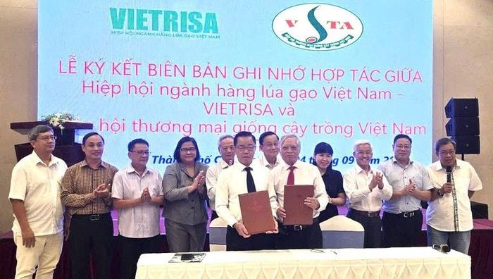 Hiệp hội Ngành hàng lúa gạo Việt Nam và Hiệp hội Thương mại giống cây trồng Việt Nam ký kết Biên bản ghi nhớ hợp tác tại hội thảo. Ảnh: VGP