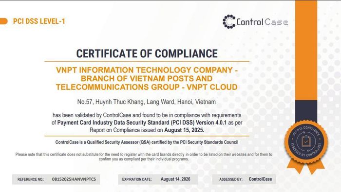 Chứng chỉ PCI DSS cấp độ cao nhất do tổ chức đánh giá quốc tế ControlCase cấp cho VNPT Cloud. Ảnh: Website VNPT Cloud (cloud.vnpt.vn).