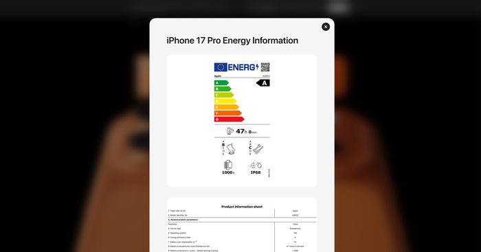  Nhãn năng lượng của iPhone 17 Pro tại EU. 