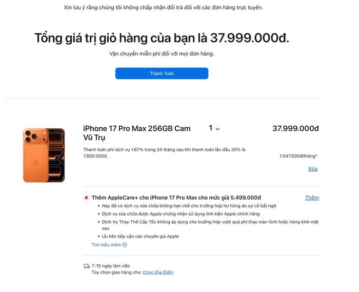  Đến 19h05 phút, iPhone 17 Pro Max màu cam mới đã không còn sẵn để giao vào ngày 19/9. 