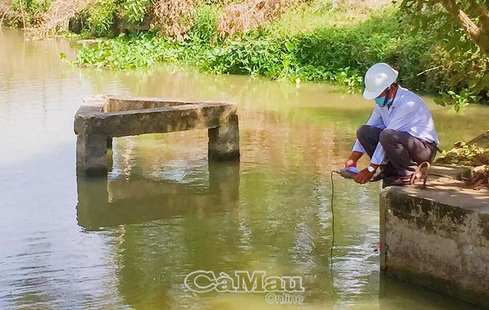 Cán bộ thủy lợi xã Hồng Dân kiểm tra nước đầu nguồn để chủ động điều tiết, phục vụ sản xuất vụ lúa trên đất nuôi tôm.