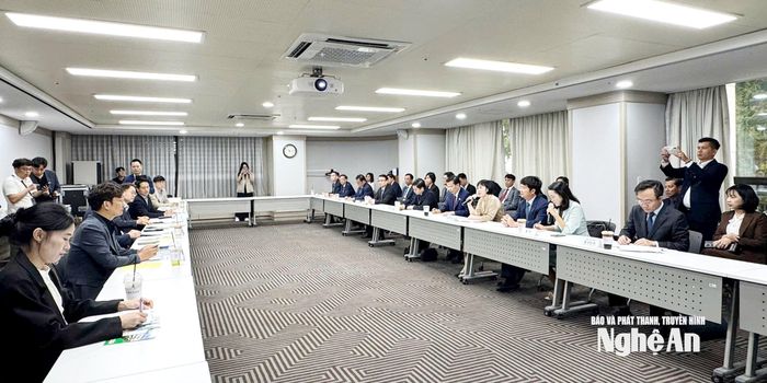 Toàn cảnh cuộc làm việc giữa đoàn công tác tỉnh Nghệ An với Liên đoàn các doanh nghiệp nhỏ và vừa Hàn Quốc (KBIZ). Ảnh: Phan Tú