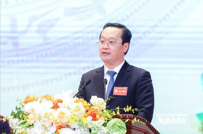 Đồng chí Nguyễn Đức Trung - Bí thư Tỉnh ủy Nghệ An phát biểu tại Đại hội. Ảnh Phạm Bằng