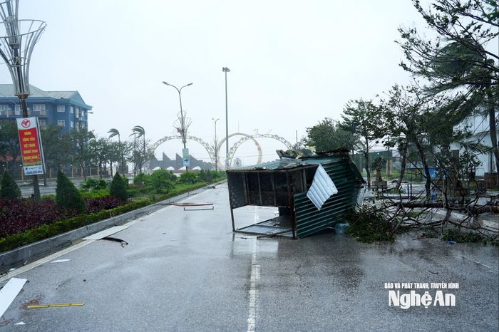 Bão số 10 bốc cả ki-ốt bay ra đường Nguyễn Sinh Cung. Ảnh: Thành Chung