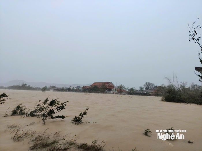 Tại xã Lam Thành, các xóm như xóm 8, xóm Phú Xuân… (trước đây thuộc xã Hưng Nhân) cũng đã ngập trong biển nước, đời sống người dân bị ảnh hưởng nghiêm trọng. Ảnh: Đình Tuyên