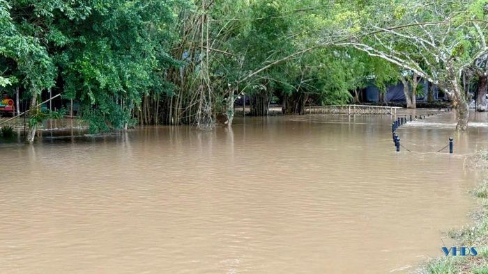 Nước ngập sâu, tràn lên lối đi trong khu du lịch.