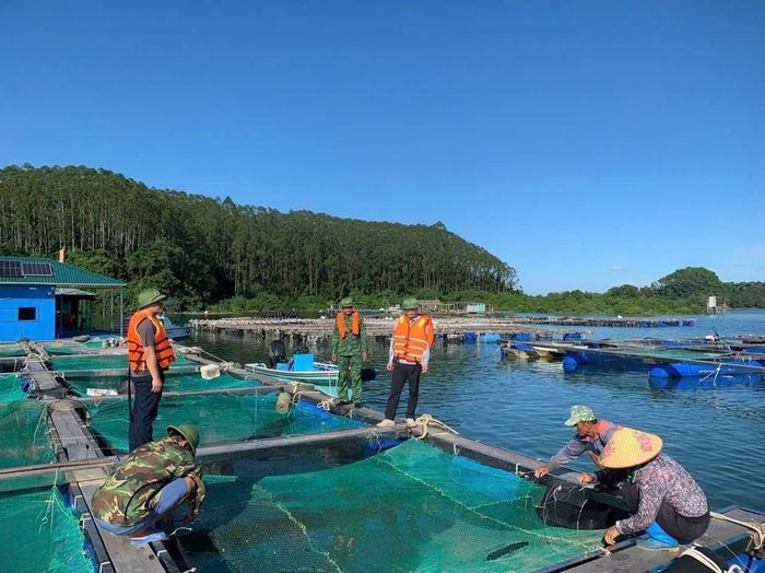 Cán bộ, chiến sĩ Đồn Biên phòng Quảng Đức vận động ngư dân nuôi trồng thủy sản chằng chống lồng bè và khẩn trương lên bờ tránh bão. Ảnh: TTXVN phát