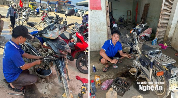 Những người thợ lành nghề miệt mài sửa xe miễn phí cho bà con. Ảnh: Q.A