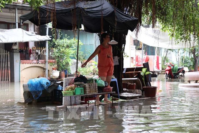 Người dân kê cao hàng hóa để tiếp tục buôn bán trong cảnh ngập nước. Ảnh: Vũ Quang - TTXVN