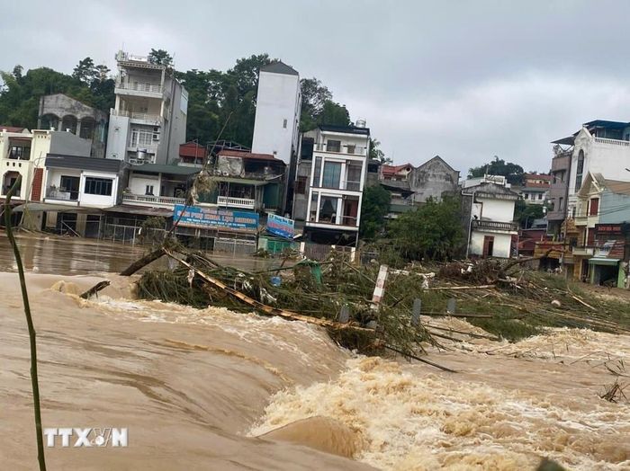 Tại cầu ngầm Sông Hiến, phường Thục Phán, rất nhiều cây gỗ, bụi tre, rác thải mắc kẹt khiến cho việc thoát lũ bị hạn chế. (Ảnh: TTXVN)