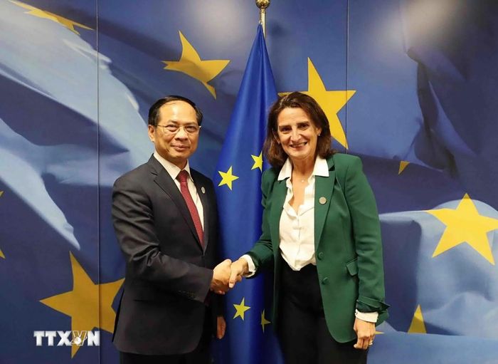 Phó Thủ tướng Bùi Thanh Sơn và bà Teresa Ribera, Phó Chủ tịch Thường trực EC phụ trách chuyển đổi xanh, công bằng và cạnh tranh. (Nguồn: TTXVN)