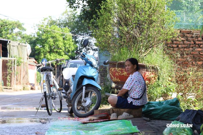 Người dân ngồi lặng nhìn dòng nước được bơm ra từ ruộng đào, xót xa trước nguy cơ mất trắng vụ Tết.