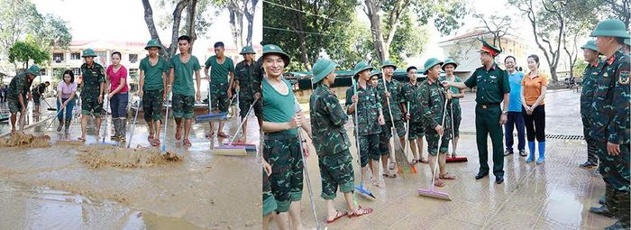Cán bộ, chiến sĩ Bộ Chỉ huy quân sự tỉnh và Sư đoàn 325 phối hợp cùng giáo viên Trường Trung học cơ sở Thanh Vân vệ sinh trường lớp để đón học sinh trở lại.